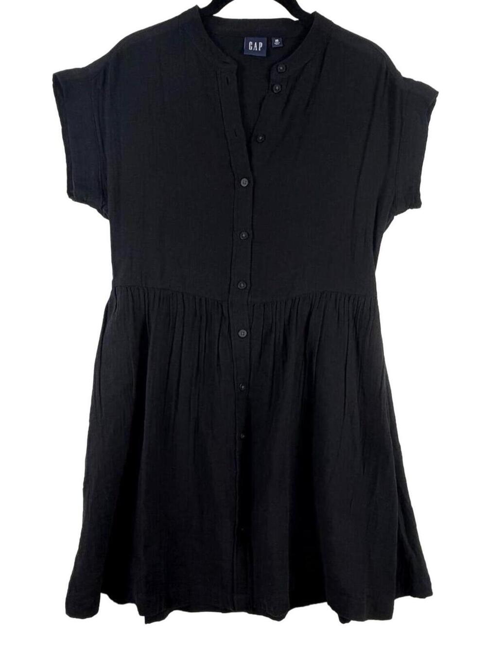 Gap Black Crinkle Gauze Mini Shirt Dress Short Sleeve Button Front Women's XS